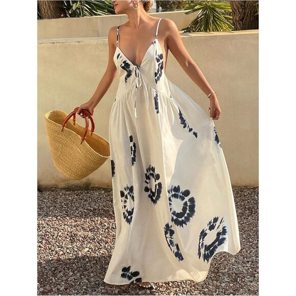 Women's Boho Floral Print Maxi Dress Sleeveless Backless Tie Front Summer - Picture 5 of 5